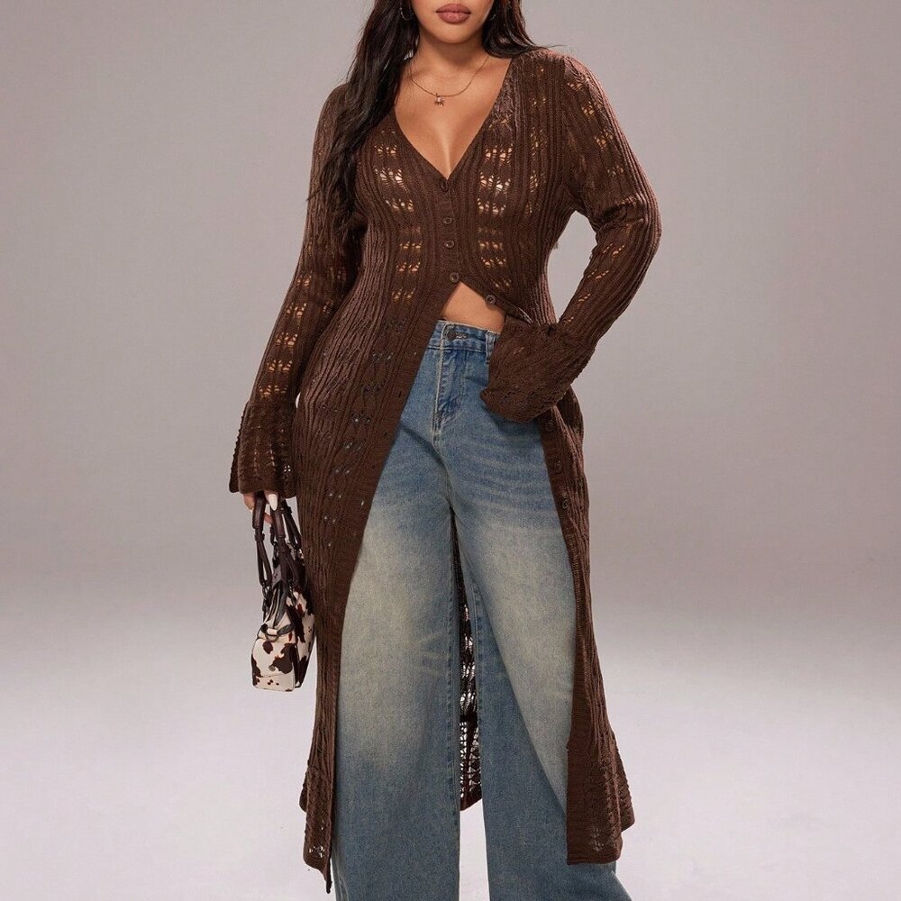 Coffee Brown Casual Women's Long Cardigan - Picture 7 of 7